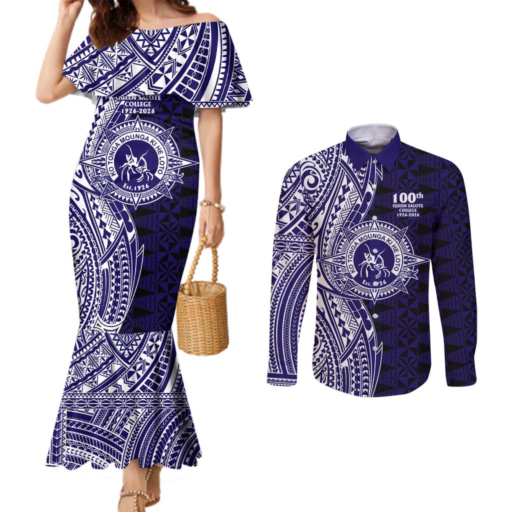 Tonga Queen Salote College 100th Years Couples Matching Mermaid Dress and Long Sleeve Button Shirt Blue Tonga Kupesi Uniquely Pacific Art LT9 Blue - Polynesian Pride