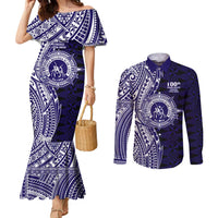 Tonga Queen Salote College 100th Years Couples Matching Mermaid Dress and Long Sleeve Button Shirt Blue Tonga Kupesi Uniquely Pacific Art LT9 Blue - Polynesian Pride