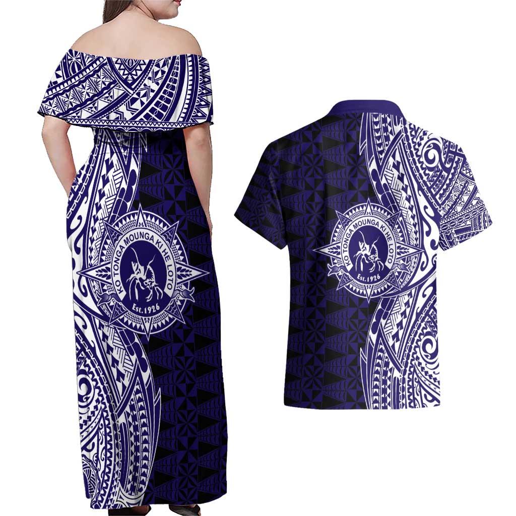 Tonga Queen Salote College 100th Years Couples Matching Off Shoulder Maxi Dress and Hawaiian Shirt Blue Tonga Kupesi Uniquely Pacific Art LT9 - Polynesian Pride