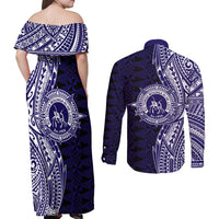 Tonga Queen Salote College 100th Years Couples Matching Off Shoulder Maxi Dress and Long Sleeve Button Shirt Blue Tonga Kupesi Uniquely Pacific Art LT9 - Polynesian Pride