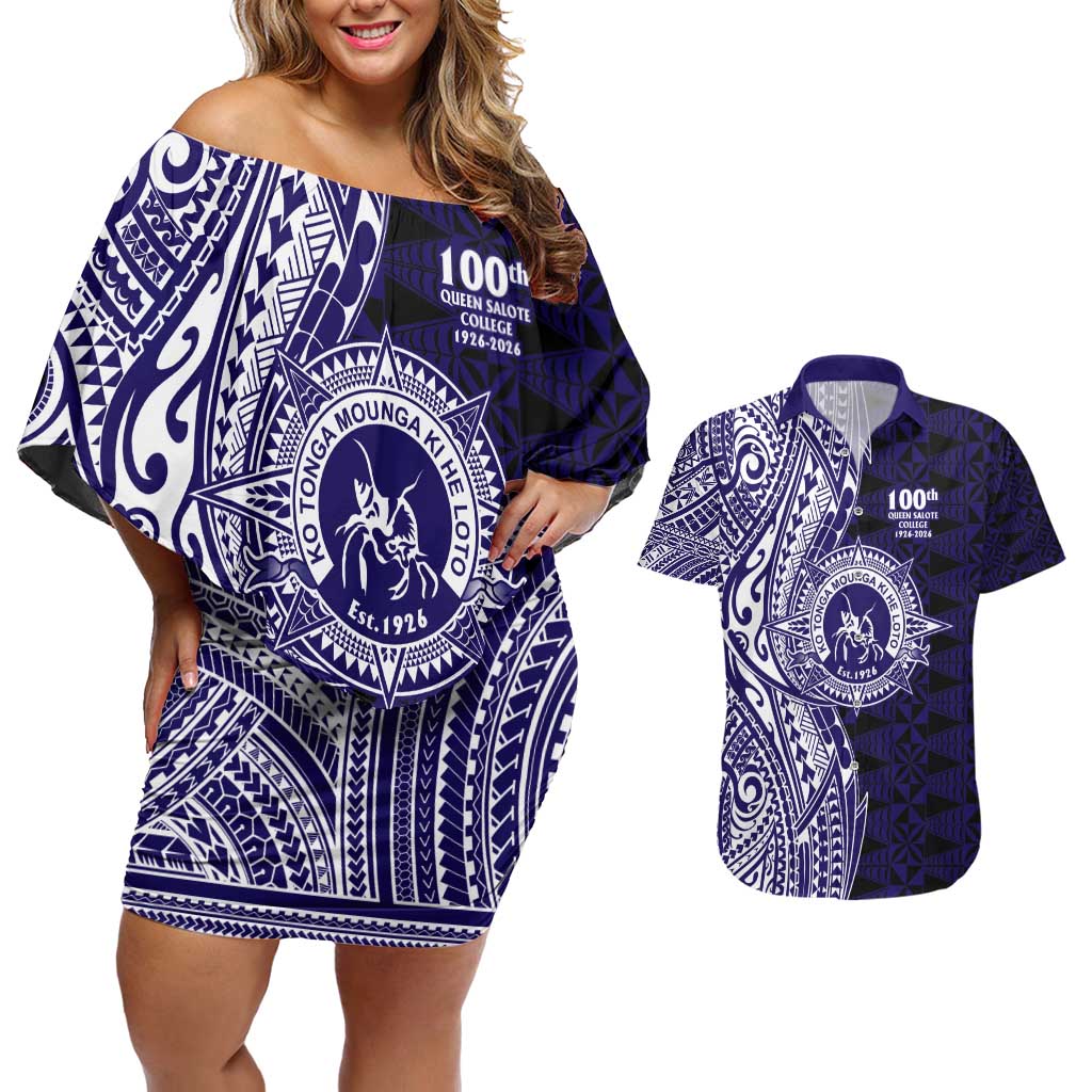 Tonga Queen Salote College 100th Years Couples Matching Off Shoulder Short Dress and Hawaiian Shirt Blue Tonga Kupesi Uniquely Pacific Art LT9 Blue - Polynesian Pride