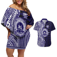 Tonga Queen Salote College 100th Years Couples Matching Off Shoulder Short Dress and Hawaiian Shirt Blue Tonga Kupesi Uniquely Pacific Art LT9 Blue - Polynesian Pride