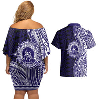 Tonga Queen Salote College 100th Years Couples Matching Off Shoulder Short Dress and Hawaiian Shirt Blue Tonga Kupesi Uniquely Pacific Art LT9 - Polynesian Pride