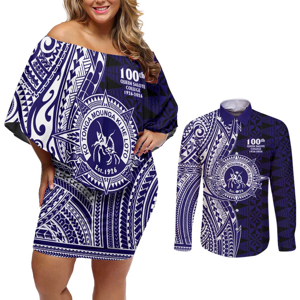 Tonga Queen Salote College 100th Years Couples Matching Off Shoulder Short Dress and Long Sleeve Button Shirt Blue Tonga Kupesi Uniquely Pacific Art LT9 Blue - Polynesian Pride