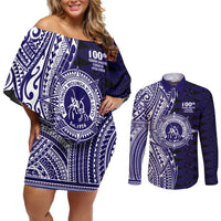 Tonga Queen Salote College 100th Years Couples Matching Off Shoulder Short Dress and Long Sleeve Button Shirt Blue Tonga Kupesi Uniquely Pacific Art LT9 Blue - Polynesian Pride