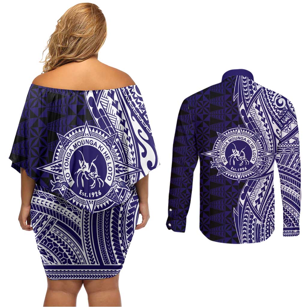 Tonga Queen Salote College 100th Years Couples Matching Off Shoulder Short Dress and Long Sleeve Button Shirt Blue Tonga Kupesi Uniquely Pacific Art LT9 - Polynesian Pride