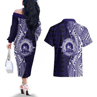 Tonga Queen Salote College 100th Years Couples Matching Off The Shoulder Long Sleeve Dress and Hawaiian Shirt Blue Tonga Kupesi Uniquely Pacific Art LT9 - Polynesian Pride
