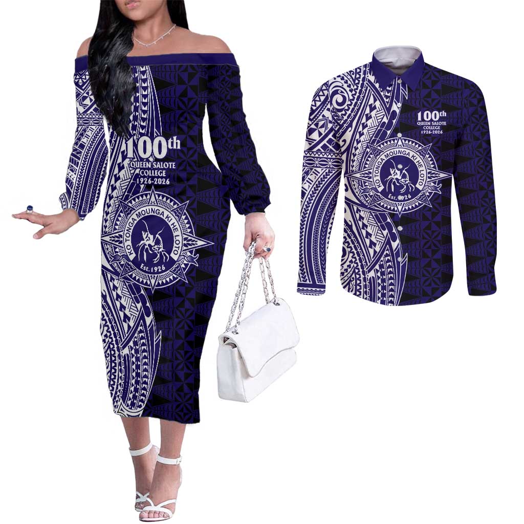 Tonga Queen Salote College 100th Years Couples Matching Off The Shoulder Long Sleeve Dress and Long Sleeve Button Shirt Blue Tonga Kupesi Uniquely Pacific Art LT9 Blue - Polynesian Pride