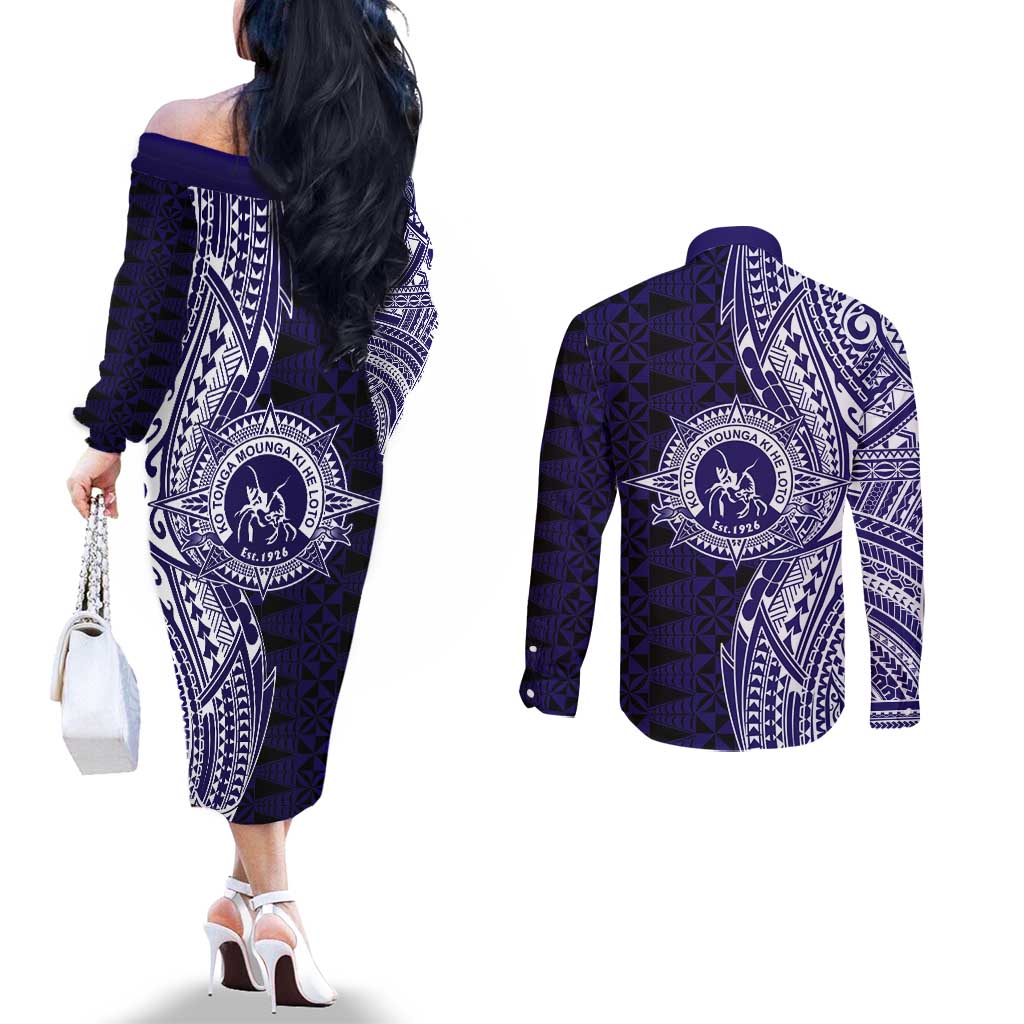Tonga Queen Salote College 100th Years Couples Matching Off The Shoulder Long Sleeve Dress and Long Sleeve Button Shirt Blue Tonga Kupesi Uniquely Pacific Art LT9 - Polynesian Pride