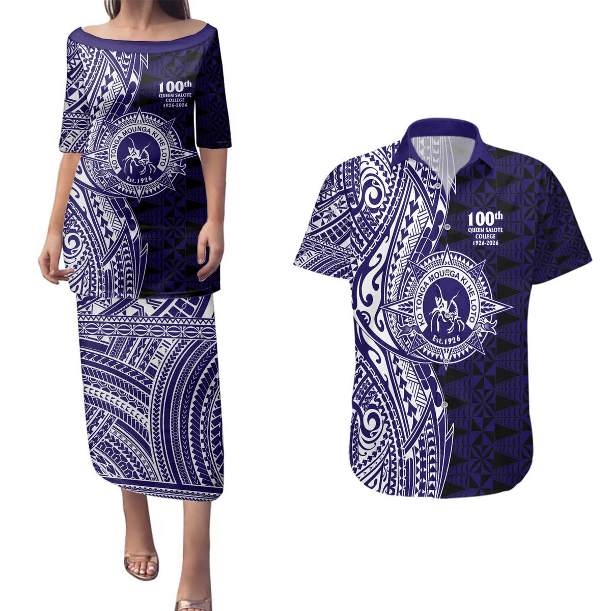Tonga Queen Salote College 100th Years Couples Matching Puletasi and Hawaiian Shirt Blue Tonga Kupesi Uniquely Pacific Art LT9 Blue - Polynesian Pride