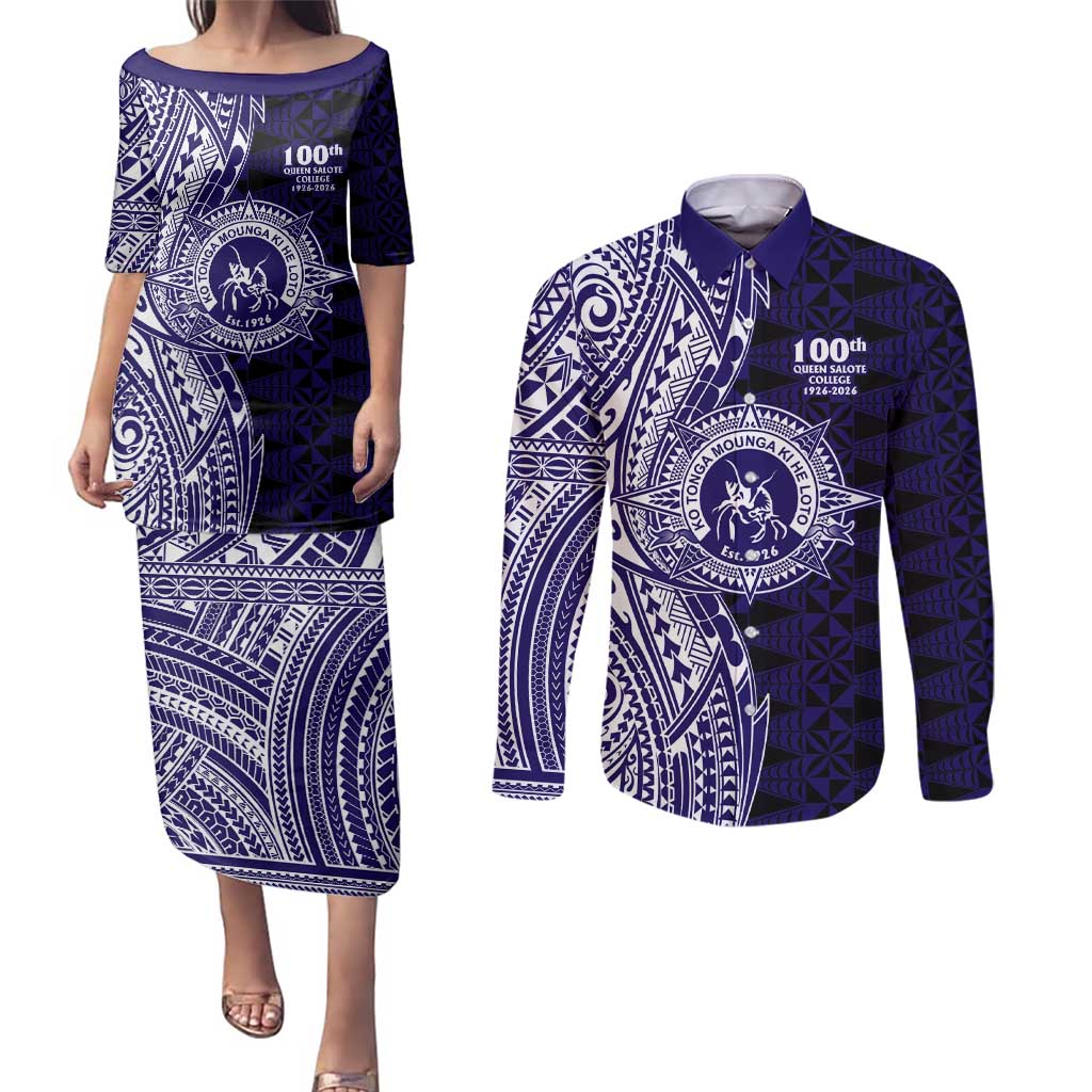 Tonga Queen Salote College 100th Years Couples Matching Puletasi and Long Sleeve Button Shirt Blue Tonga Kupesi Uniquely Pacific Art LT9 Blue - Polynesian Pride