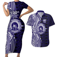 Tonga Queen Salote College 100th Years Couples Matching Short Sleeve Bodycon Dress and Hawaiian Shirt Blue Tonga Kupesi Uniquely Pacific Art LT9 Blue - Polynesian Pride