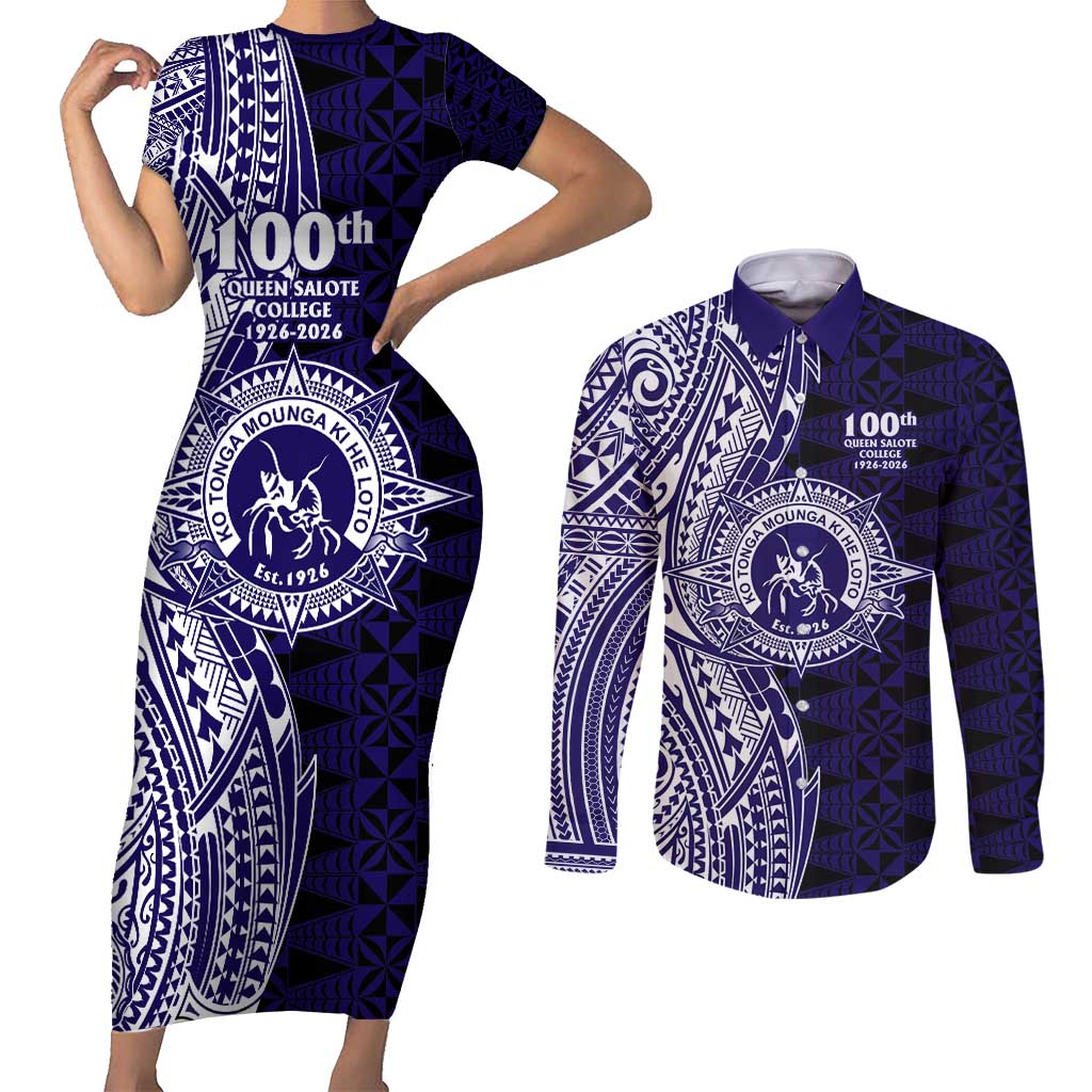 Tonga Queen Salote College 100th Years Couples Matching Short Sleeve Bodycon Dress and Long Sleeve Button Shirt Blue Tonga Kupesi Uniquely Pacific Art LT9 Blue - Polynesian Pride
