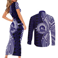 Tonga Queen Salote College 100th Years Couples Matching Short Sleeve Bodycon Dress and Long Sleeve Button Shirt Blue Tonga Kupesi Uniquely Pacific Art LT9 - Polynesian Pride
