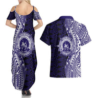 Tonga Queen Salote College 100th Years Couples Matching Summer Maxi Dress and Hawaiian Shirt Blue Tonga Kupesi Uniquely Pacific Art LT9 - Polynesian Pride