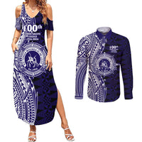 Tonga Queen Salote College 100th Years Couples Matching Summer Maxi Dress and Long Sleeve Button Shirt Blue Tonga Kupesi Uniquely Pacific Art LT9 Blue - Polynesian Pride