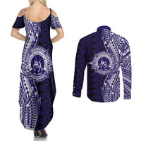 Tonga Queen Salote College 100th Years Couples Matching Summer Maxi Dress and Long Sleeve Button Shirt Blue Tonga Kupesi Uniquely Pacific Art LT9 - Polynesian Pride