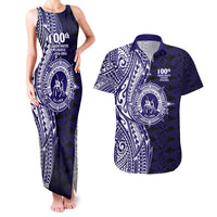 Tonga Queen Salote College 100th Years Couples Matching Tank Maxi Dress and Hawaiian Shirt Blue Tonga Kupesi Uniquely Pacific Art LT9 Blue - Polynesian Pride