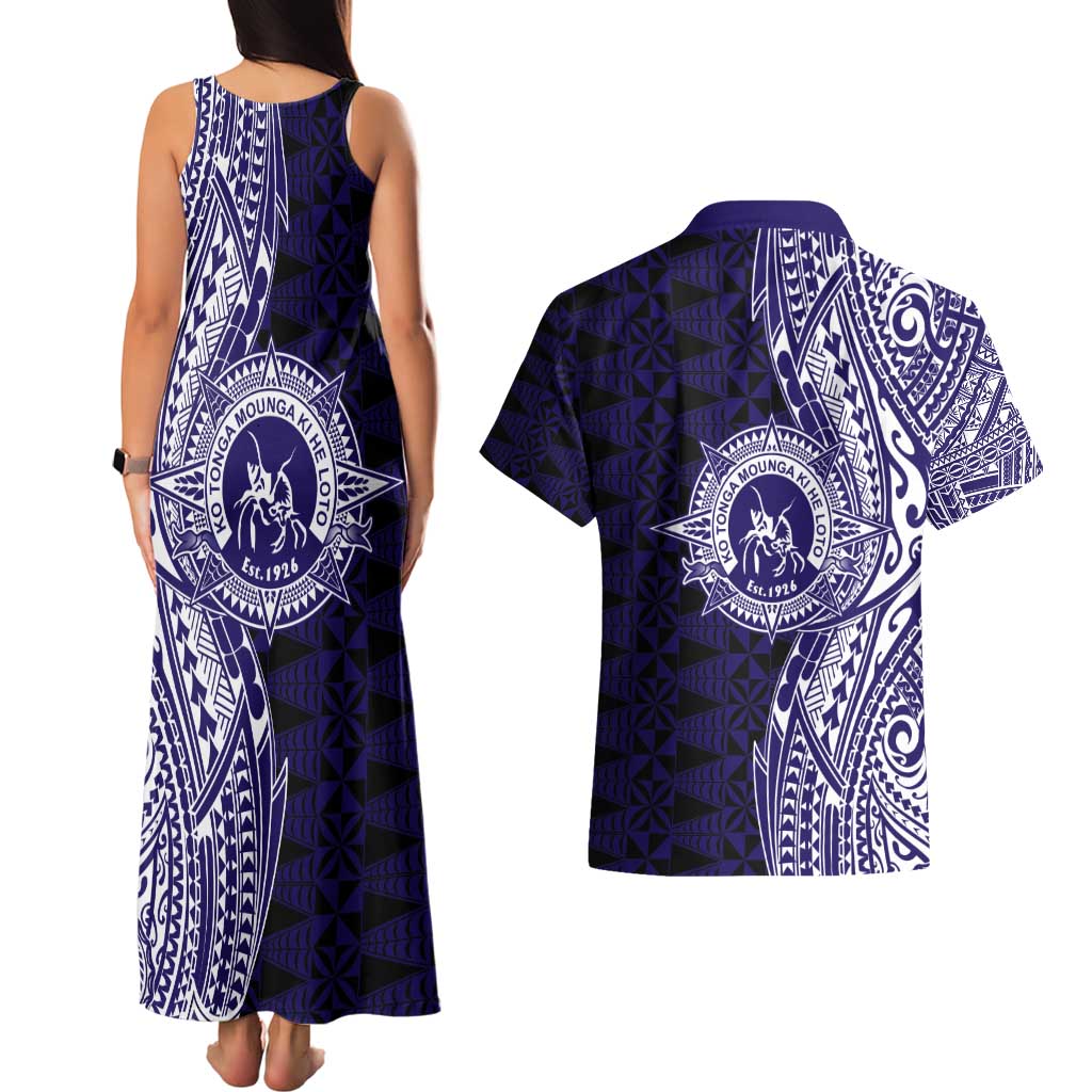 Tonga Queen Salote College 100th Years Couples Matching Tank Maxi Dress and Hawaiian Shirt Blue Tonga Kupesi Uniquely Pacific Art LT9 - Polynesian Pride