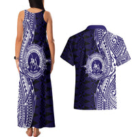 Tonga Queen Salote College 100th Years Couples Matching Tank Maxi Dress and Hawaiian Shirt Blue Tonga Kupesi Uniquely Pacific Art LT9 - Polynesian Pride