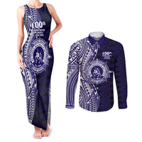 Tonga Queen Salote College 100th Years Couples Matching Tank Maxi Dress and Long Sleeve Button Shirt Blue Tonga Kupesi Uniquely Pacific Art LT9 Blue - Polynesian Pride