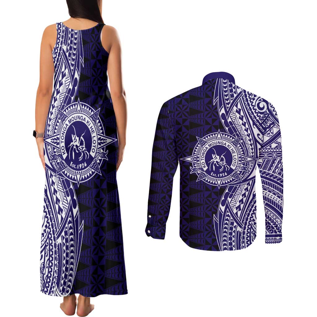 Tonga Queen Salote College 100th Years Couples Matching Tank Maxi Dress and Long Sleeve Button Shirt Blue Tonga Kupesi Uniquely Pacific Art LT9 - Polynesian Pride