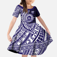 Tonga Queen Salote College 100th Years Family Matching Long Sleeve Bodycon Dress and Hawaiian Shirt Blue Tonga Kupesi Uniquely Pacific Art LT9 Daughter's Dress Blue - Polynesian Pride