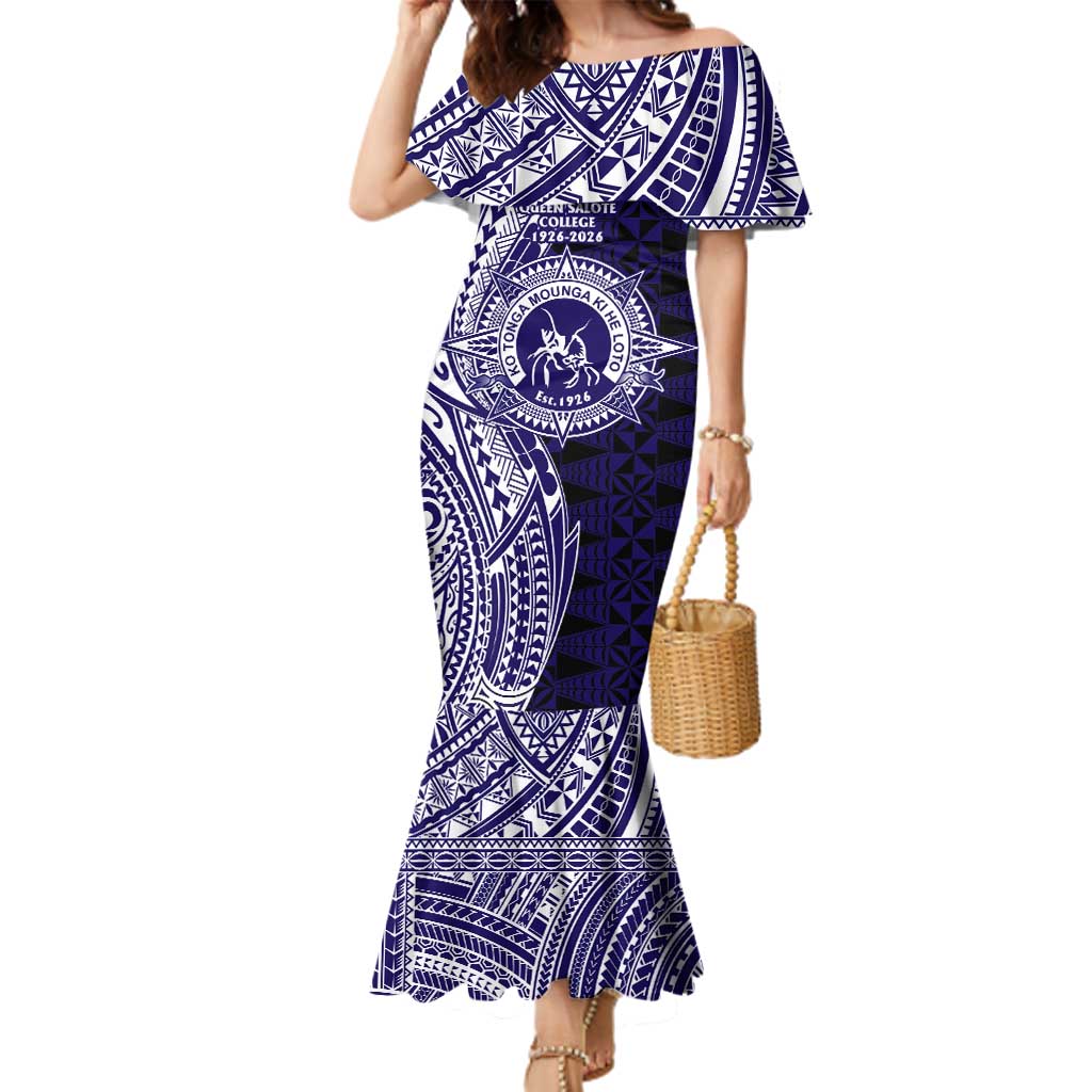Tonga Queen Salote College 100th Years Family Matching Mermaid Dress and Hawaiian Shirt Blue Tonga Kupesi Uniquely Pacific Art LT9 Mom's Dress Blue - Polynesian Pride