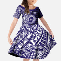 Tonga Queen Salote College 100th Years Family Matching Off The Shoulder Long Sleeve Dress and Hawaiian Shirt Blue Tonga Kupesi Uniquely Pacific Art LT9 Daughter's Dress Blue - Polynesian Pride