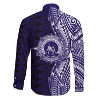Tonga Queen Salote College 100th Years Family Matching Off The Shoulder Long Sleeve Dress and Hawaiian Shirt Blue Tonga Kupesi Uniquely Pacific Art LT9 - Polynesian Pride