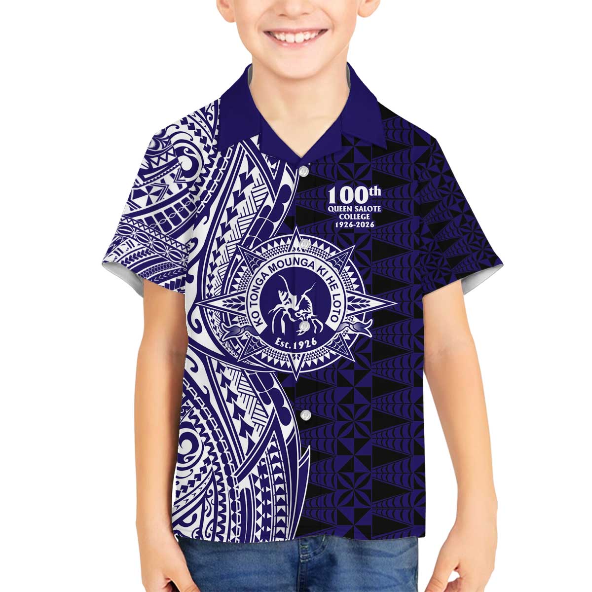 Tonga Queen Salote College 100th Years Family Matching Off The Shoulder Long Sleeve Dress and Hawaiian Shirt Blue Tonga Kupesi Uniquely Pacific Art LT9 Son's Shirt Blue - Polynesian Pride