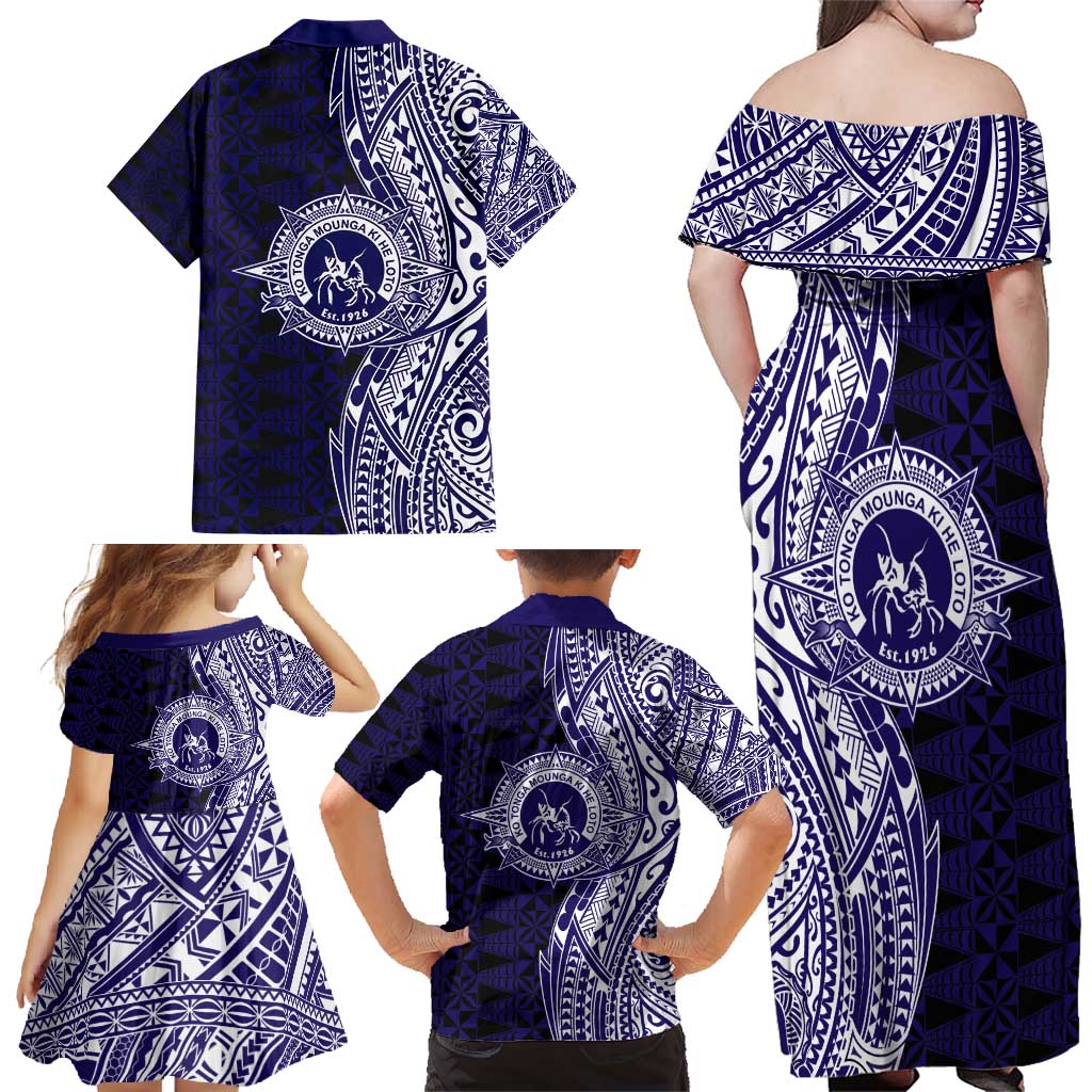 Tonga Queen Salote College 100th Years Family Matching Off Shoulder Maxi Dress and Hawaiian Shirt Blue Tonga Kupesi Uniquely Pacific Art LT9 - Polynesian Pride