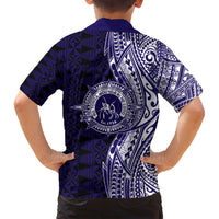 Tonga Queen Salote College 100th Years Family Matching Off Shoulder Short Dress and Hawaiian Shirt Blue Tonga Kupesi Uniquely Pacific Art LT9 - Polynesian Pride
