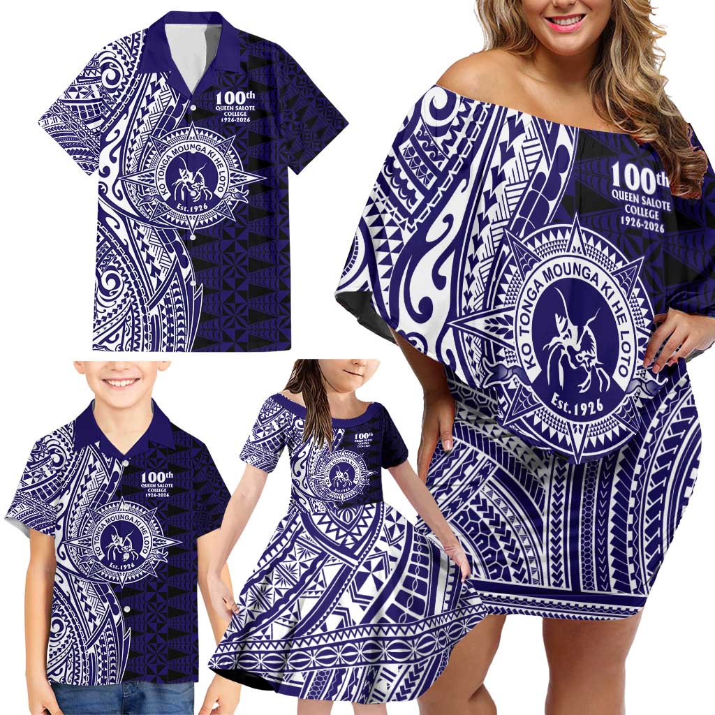 Tonga Queen Salote College 100th Years Family Matching Off Shoulder Short Dress and Hawaiian Shirt Blue Tonga Kupesi Uniquely Pacific Art LT9 - Polynesian Pride