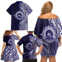 Tonga Queen Salote College 100th Years Family Matching Off Shoulder Short Dress and Hawaiian Shirt Blue Tonga Kupesi Uniquely Pacific Art LT9 - Polynesian Pride