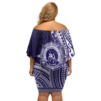 Tonga Queen Salote College 100th Years Family Matching Off Shoulder Short Dress and Hawaiian Shirt Blue Tonga Kupesi Uniquely Pacific Art LT9 - Polynesian Pride