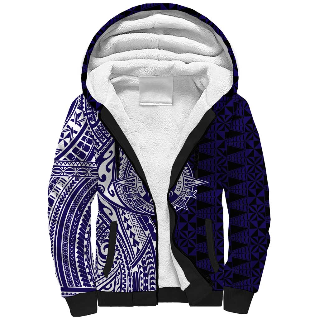 Tonga Queen Salote College 100th Years Sherpa Hoodie Blue Tonga Kupesi Uniquely Pacific Art - Polynesian Pride