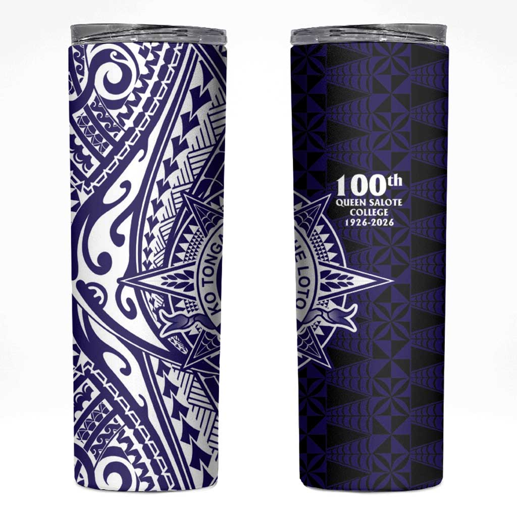 Tonga Queen Salote College 100th Years Skinny Tumbler Blue Tonga Kupesi Uniquely Pacific Art LT9 Blue - Polynesian Pride