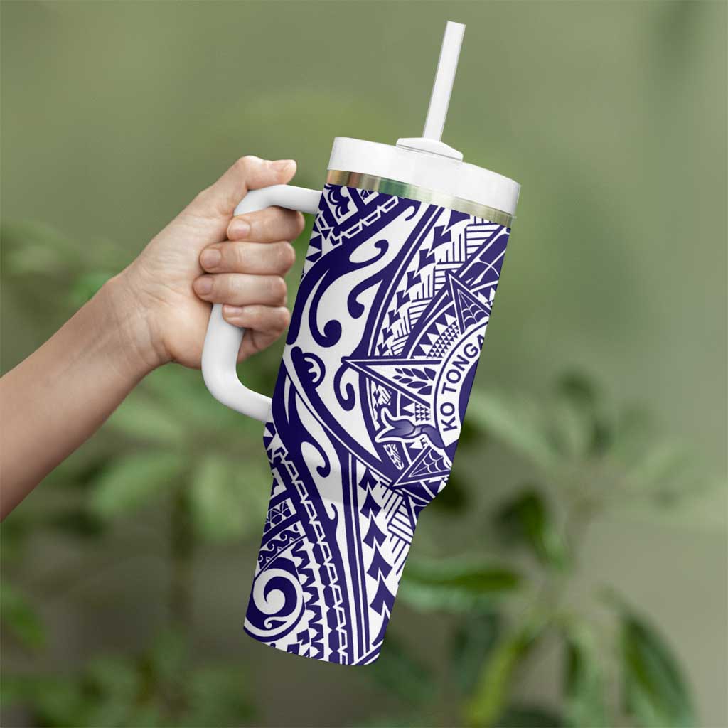 Tonga Queen Salote College 100th Years Tumbler With Handle Blue Tonga Kupesi Uniquely Pacific Art - Polynesian Pride