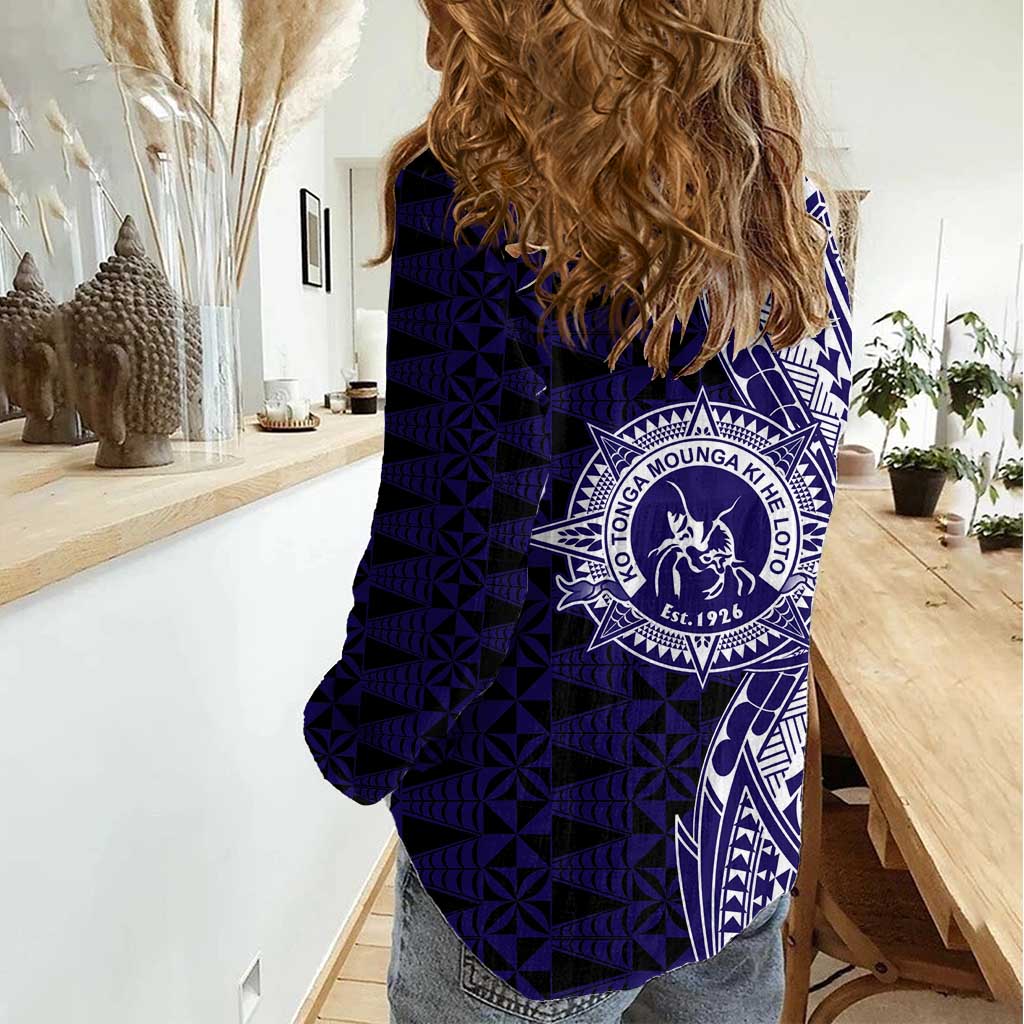 Tonga Queen Salote College 100th Years Women Casual Shirt Blue Tonga Kupesi Uniquely Pacific Art LT9 - Polynesian Pride