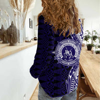 Tonga Queen Salote College 100th Years Women Casual Shirt Blue Tonga Kupesi Uniquely Pacific Art LT9 - Polynesian Pride