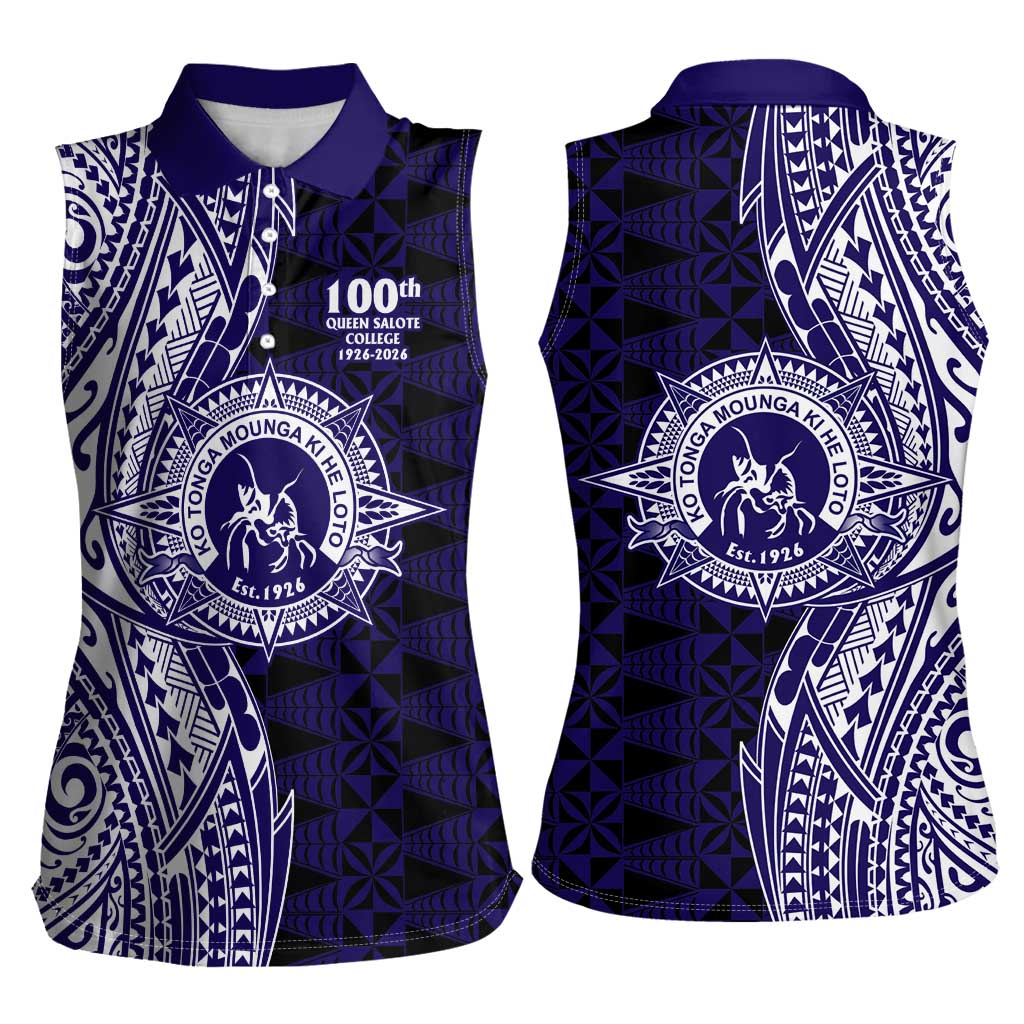 Tonga Queen Salote College 100th Years Women Sleeveless Polo Shirt Blue Tonga Kupesi Uniquely Pacific Art LT9 - Polynesian Pride
