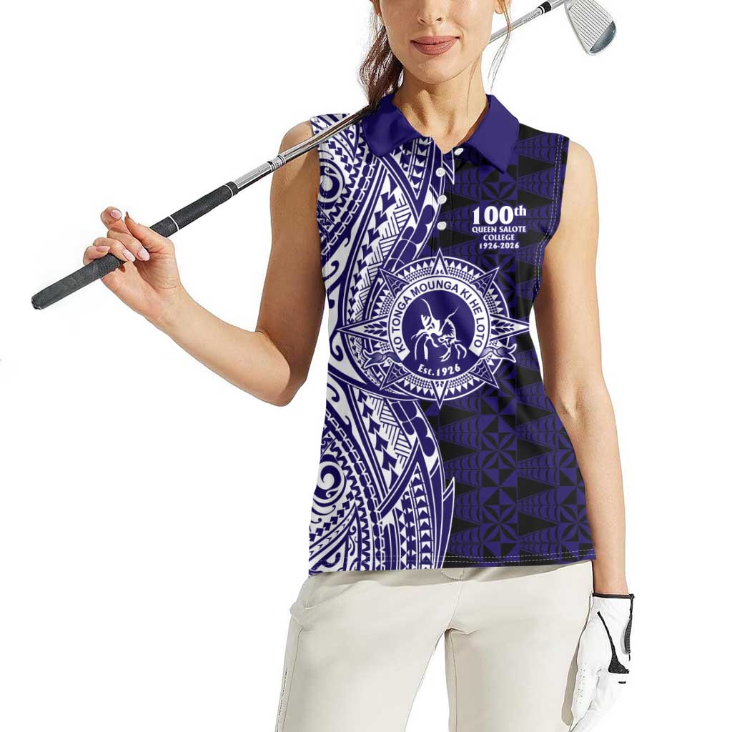 Tonga Queen Salote College 100th Years Women Sleeveless Polo Shirt Blue Tonga Kupesi Uniquely Pacific Art LT9 - Polynesian Pride