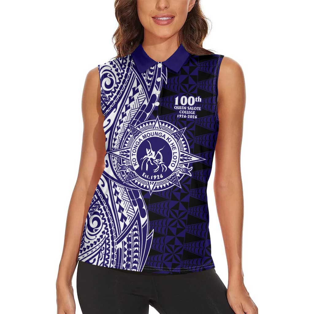 Tonga Queen Salote College 100th Years Women Sleeveless Polo Shirt Blue Tonga Kupesi Uniquely Pacific Art LT9 - Polynesian Pride