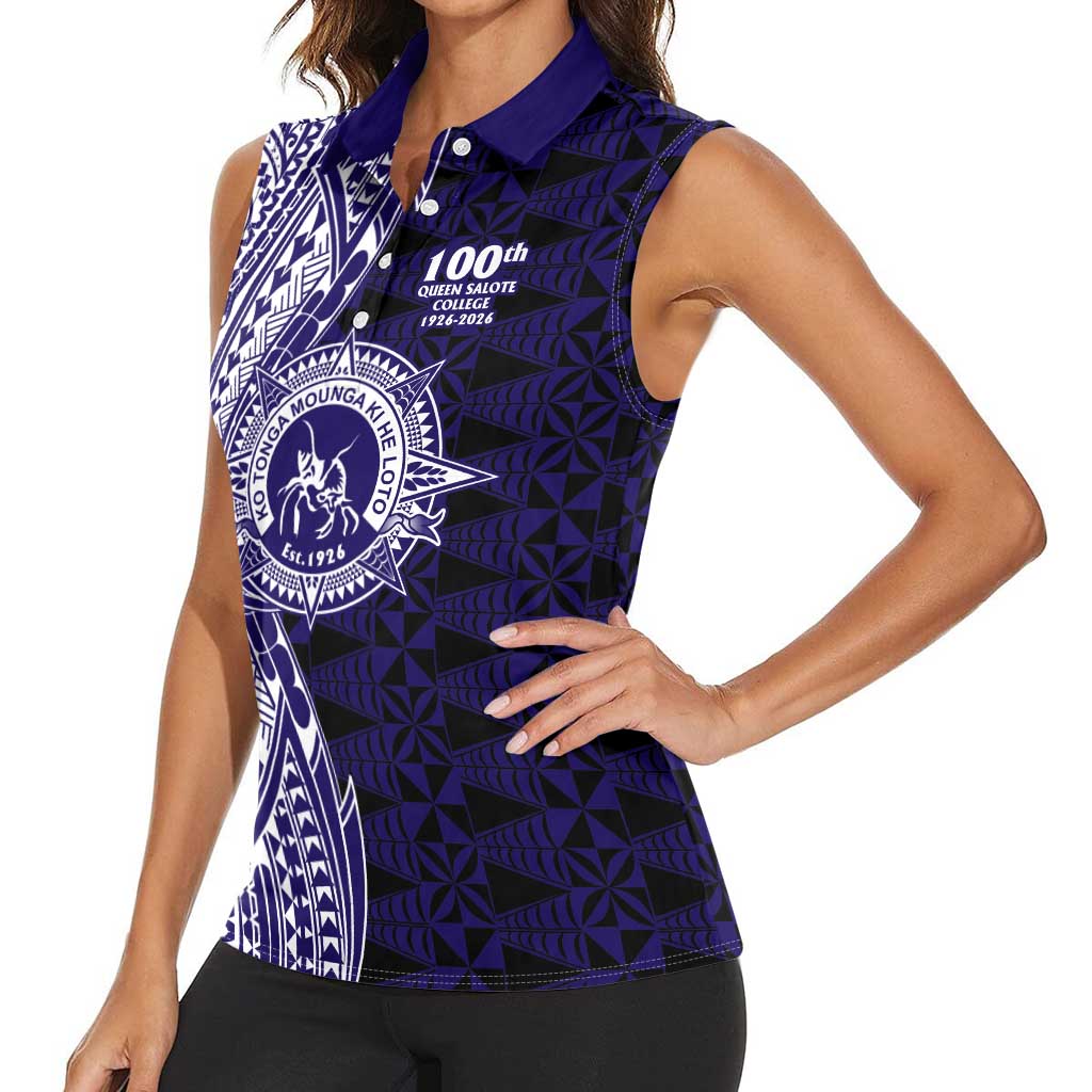 Tonga Queen Salote College 100th Years Women Sleeveless Polo Shirt Blue Tonga Kupesi Uniquely Pacific Art LT9 - Polynesian Pride