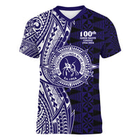 Tonga Queen Salote College 100th Years Women V-Neck T-Shirt Blue Tonga Kupesi Uniquely Pacific Art LT9 Female Blue - Polynesian Pride