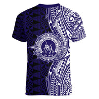 Tonga Queen Salote College 100th Years Women V-Neck T-Shirt Blue Tonga Kupesi Uniquely Pacific Art LT9 - Polynesian Pride