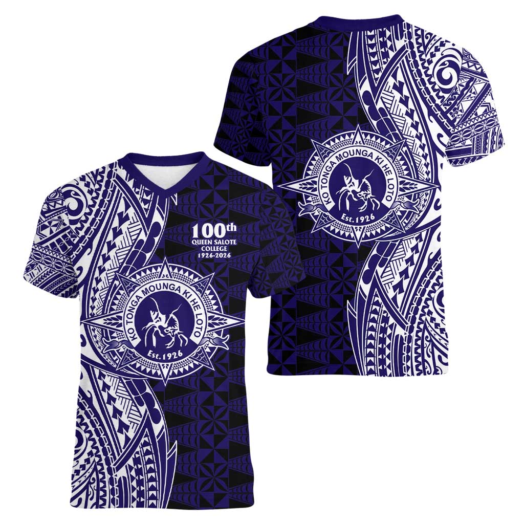Tonga Queen Salote College 100th Years Women V-Neck T-Shirt Blue Tonga Kupesi Uniquely Pacific Art LT9 - Polynesian Pride