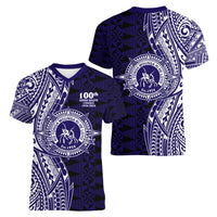 Tonga Queen Salote College 100th Years Women V-Neck T-Shirt Blue Tonga Kupesi Uniquely Pacific Art LT9 - Polynesian Pride