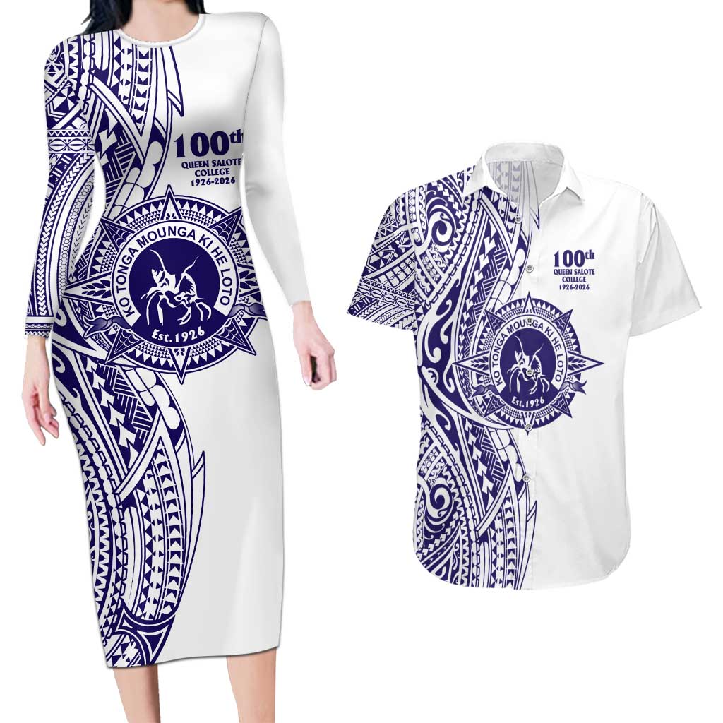 Tonga Queen Salote College 100th Years Couples Matching Long Sleeve Bodycon Dress and Hawaiian Shirt White Tonga Kupesi Uniquely Pacific Art LT9 White - Polynesian Pride